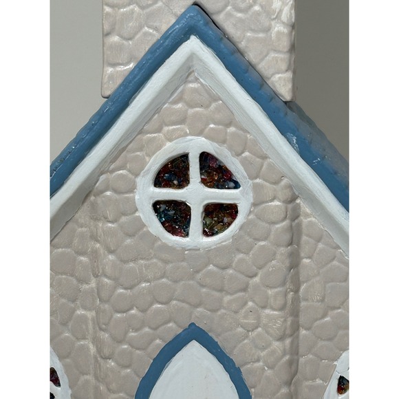 Vintage Ceramic Light Up winter Church Village Blue Steeple Stained Glass Look - Picture 9 of 16